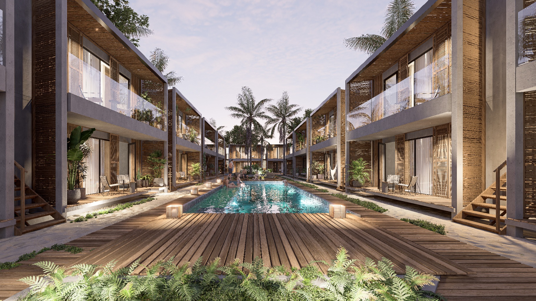 Render principal del proyecto con piscina central